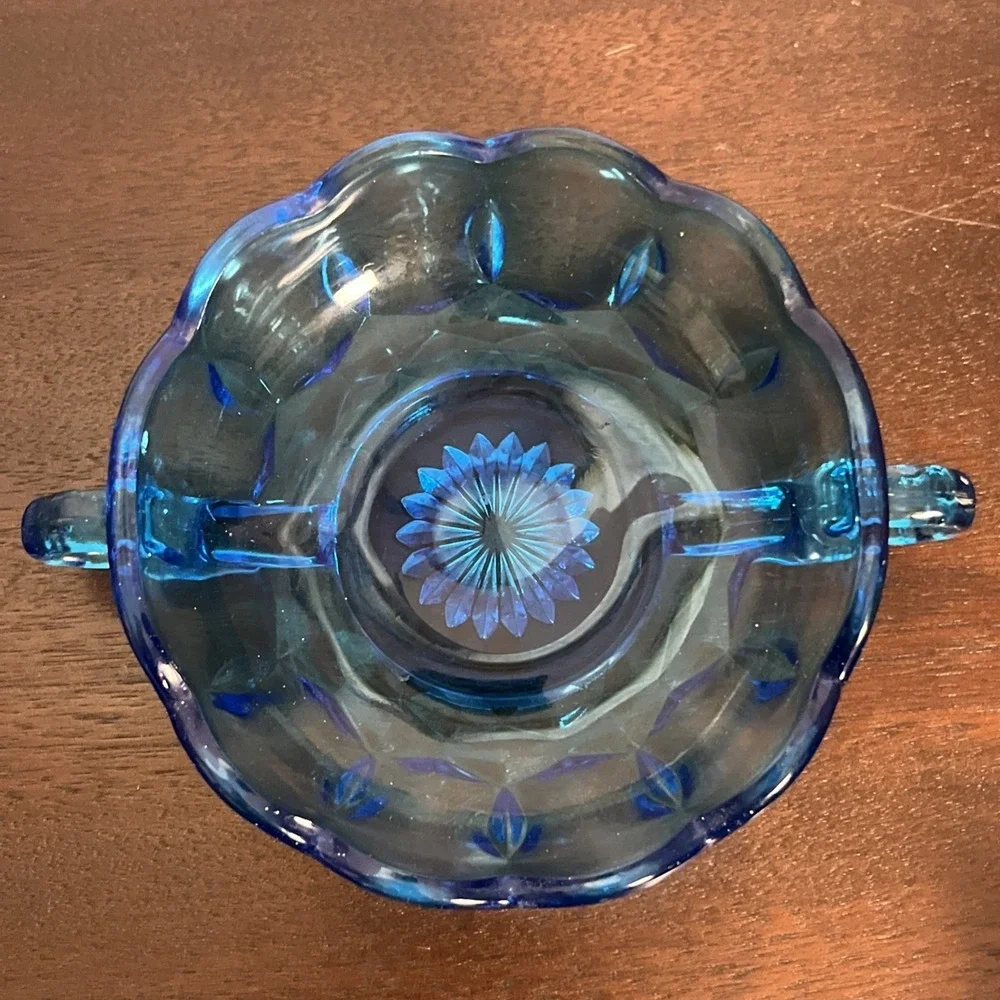 Vintage Anchor Hocking Scalloped Cobalt Blue Glass Candy Dish Bowl with Handles